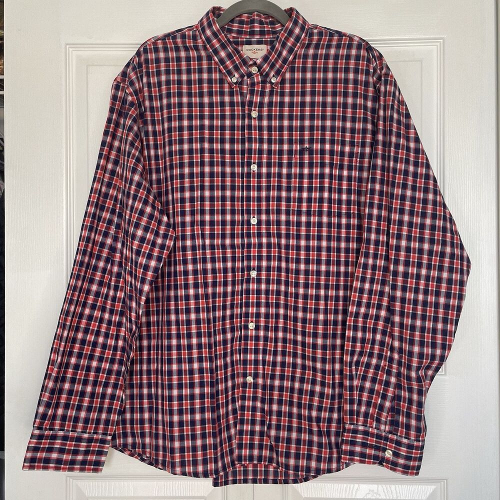 Men’s Dockers Red, White and Blue Plaid Long Sleeve Button Down Shirt Size XXL